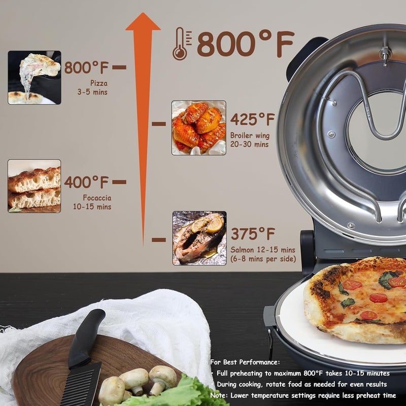 YIBAKE Stone Pizza Oven, 12'' Indoor Electric Pizza Maker, 1200W Countertop Pizza Maker Machine with Dual Temp Control, Crispy Crust Pizzas in Minutes, Black - Image 3